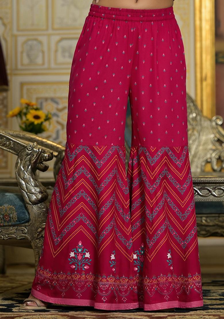 Fuchsia Pink Printed Rayon Sharara Set With Dupatta