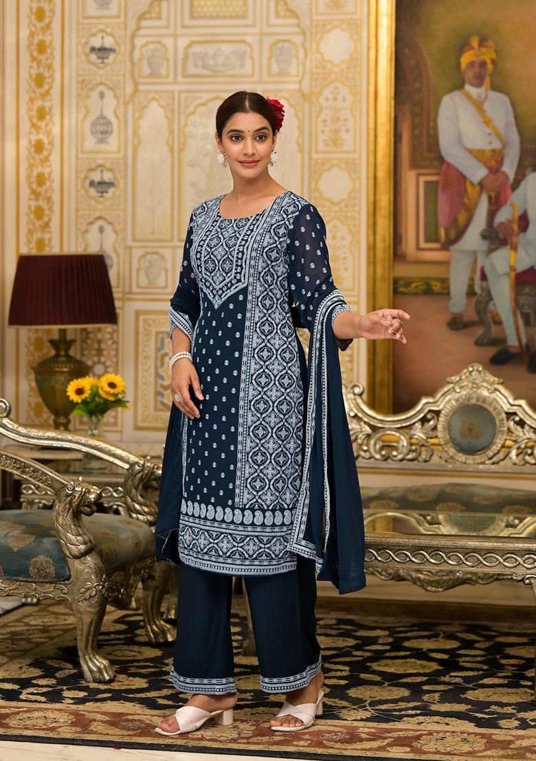 Navy Blue Printed Georgette Salwar Kameez With Dupatta