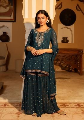 Teal Blue Printed Georgette Salwar Kameez With Dupatta