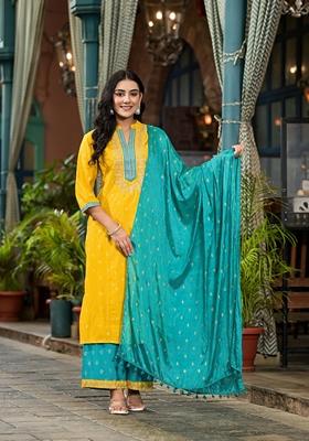 Yellow Solid Rayon Salwar Kameez With Dupatta
