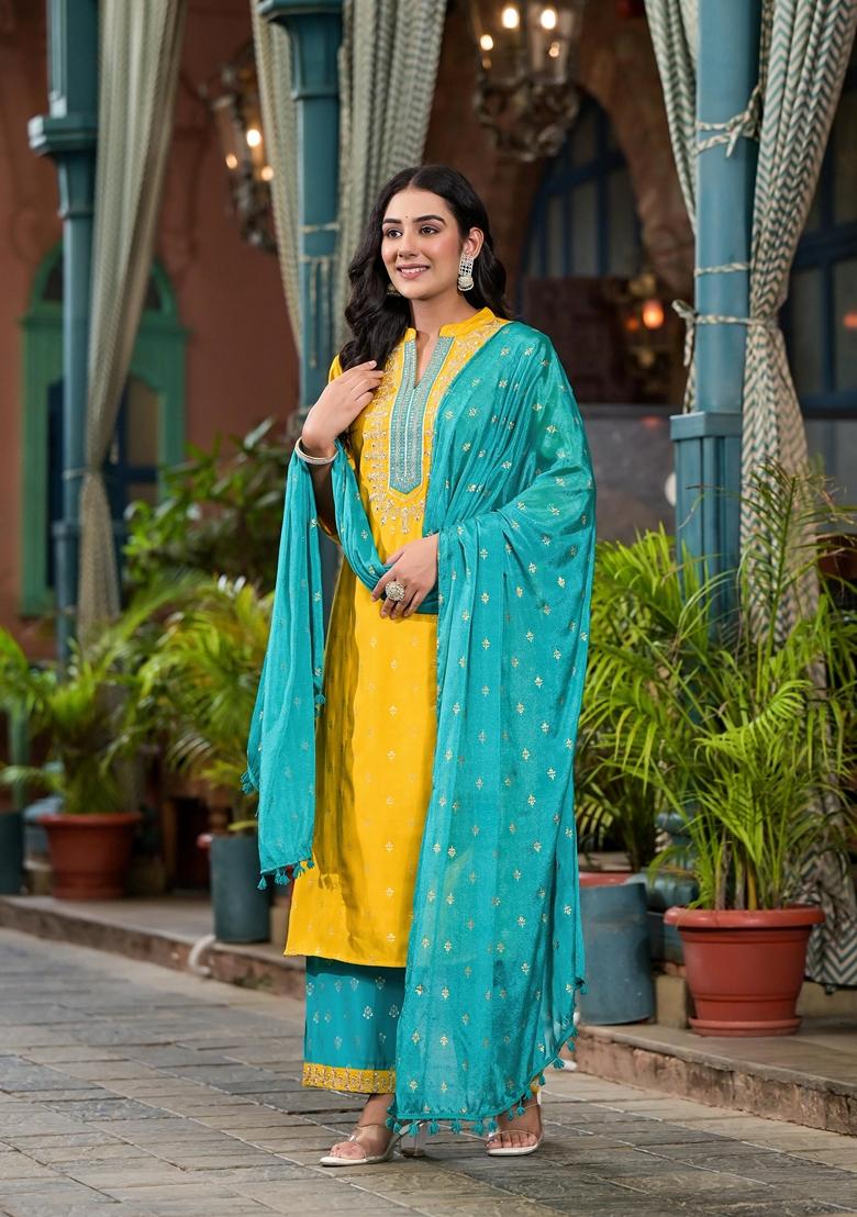 Yellow Solid Rayon Salwar Kameez With Dupatta
