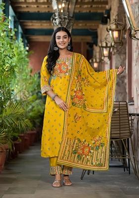 Mustard Yellow Printed Rayon Salwar Kameez With Dupatta