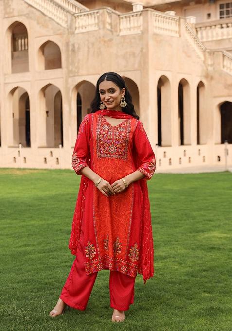 Orange Printed Viscose Salwar Kameez With Dupatta