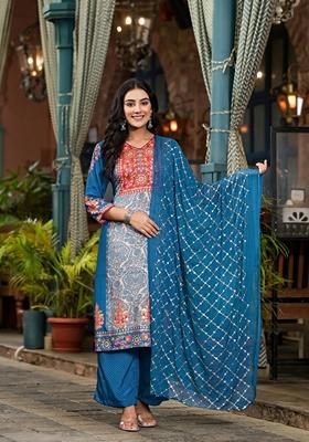 Blue Printed Viscose Salwar Kameez With Dupatta