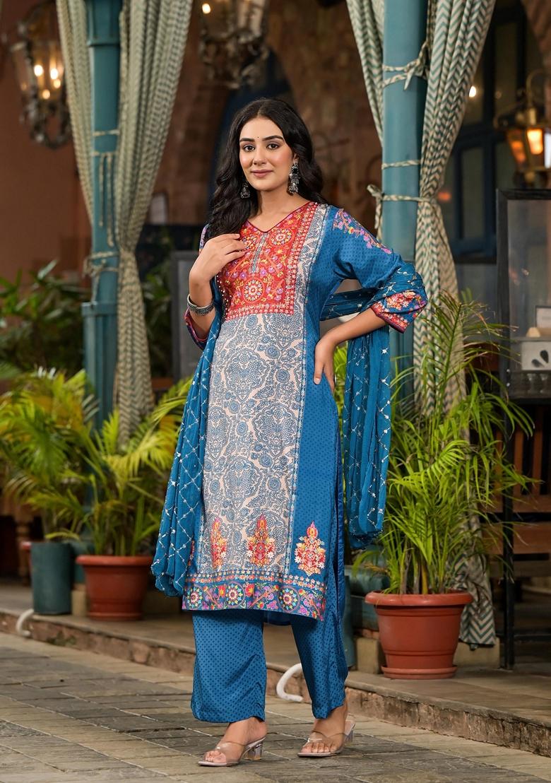 Blue Printed Viscose Salwar Kameez With Dupatta