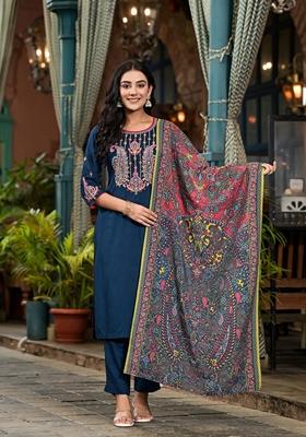 Blue Embroidered Rayon Salwar Kameez With Dupatta