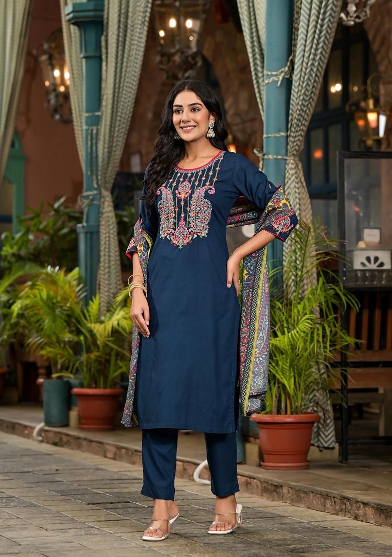 Blue Embroidered Rayon Salwar Kameez With Dupatta