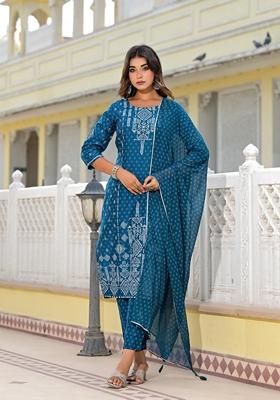 Blue Printed Viscose Salwar Kameez With Dupatta