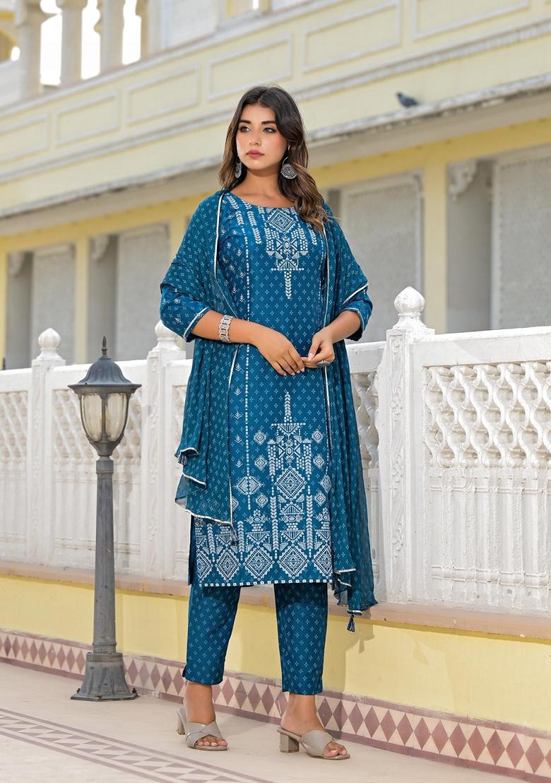 Blue Printed Viscose Salwar Kameez With Dupatta