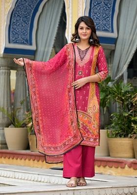 Maroon Printed Rayon Salwar Kameez With Dupatta