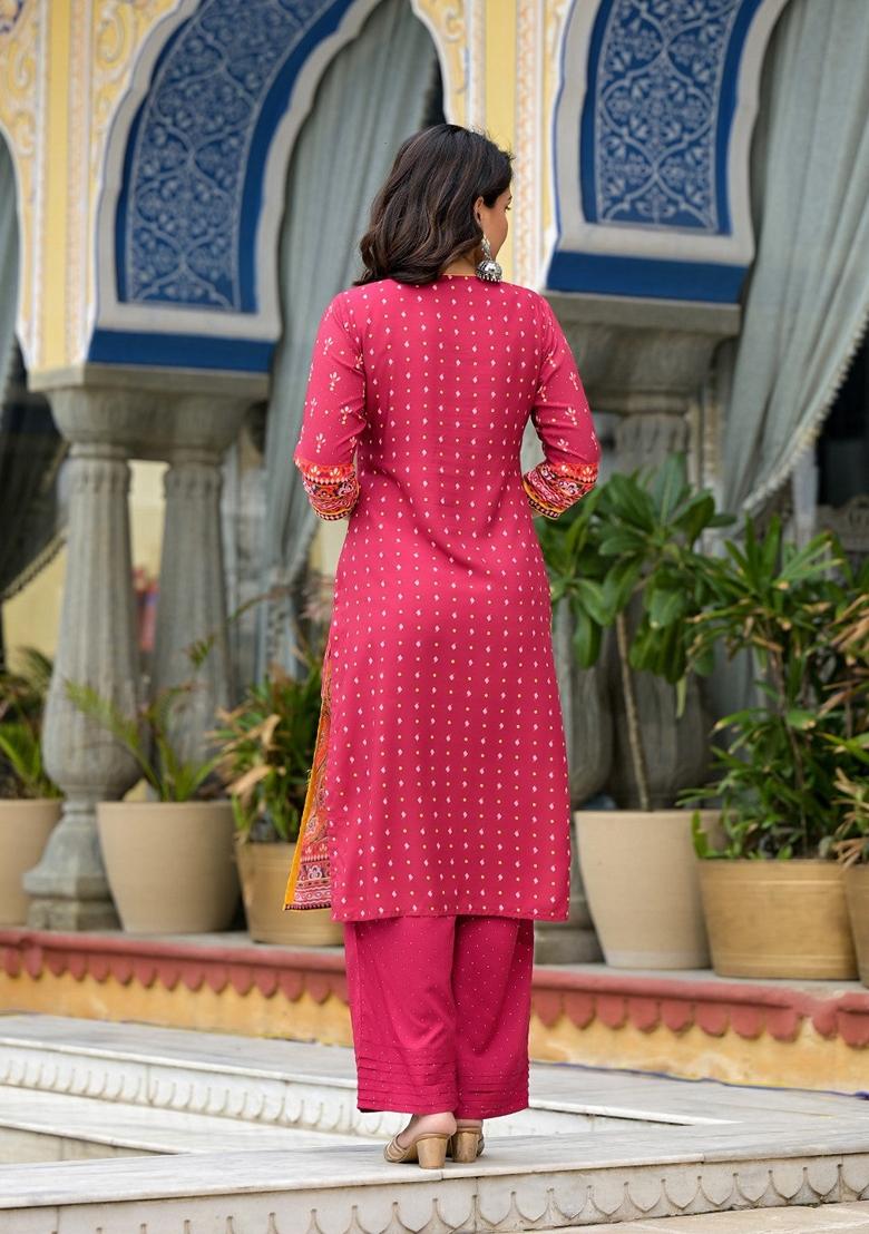 Maroon Printed Rayon Salwar Kameez With Dupatta