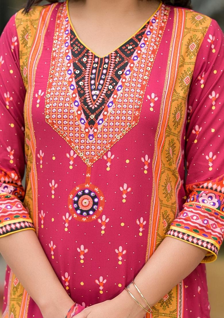 Maroon Printed Rayon Salwar Kameez With Dupatta