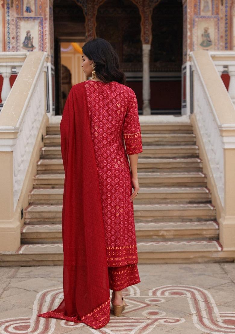 Red Printed Cotton Salwar Kameez With Dupatta