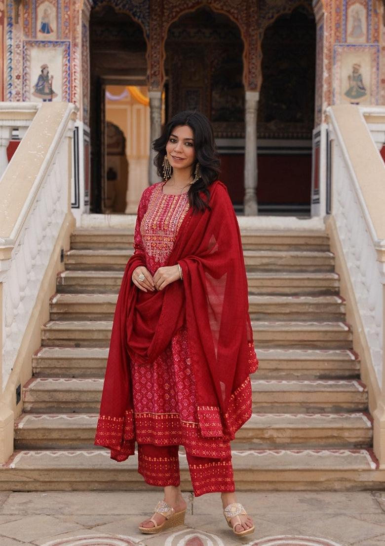 Red Printed Cotton Salwar Kameez With Dupatta