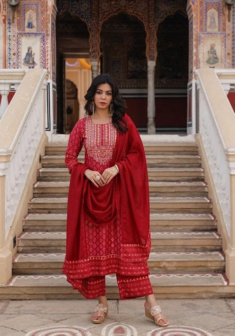 Red Printed Cotton Salwar Kameez With Dupatta