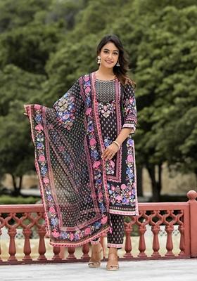 Black Printed Rayon Salwar Kameez With Dupatta