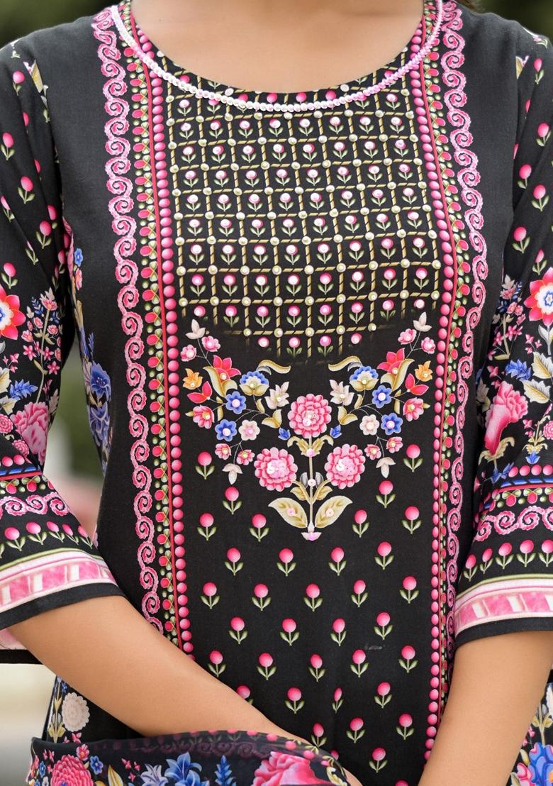 Black Printed Rayon Salwar Kameez With Dupatta