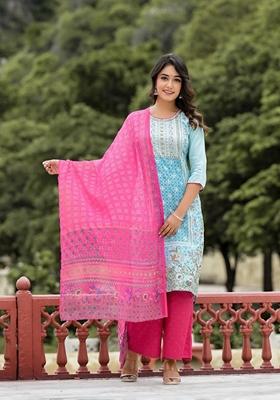 Blue Printed Cotton Salwar Kameez With Dupatta