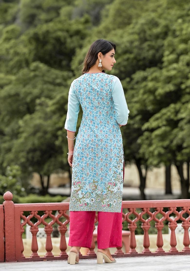 Blue Printed Cotton Salwar Kameez With Dupatta