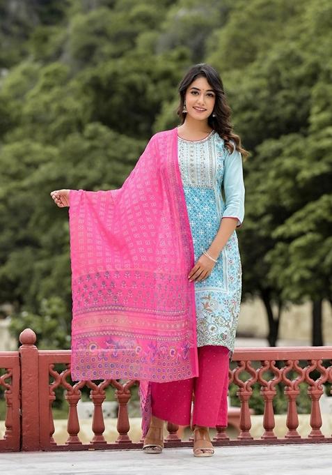 Blue Printed Cotton Salwar Kameez With Dupatta