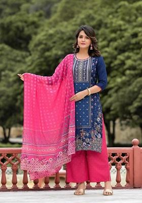 Blue Printed Cotton Salwar Kameez With Dupatta