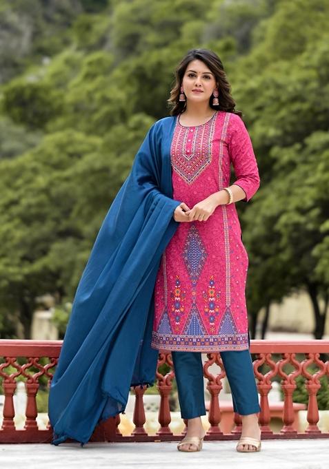 Fuchsia Pink Printed Rayon Salwar Kameez With Dupatta