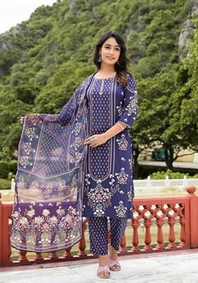 Navy Blue Printed Rayon Salwar Kameez With Dupatta