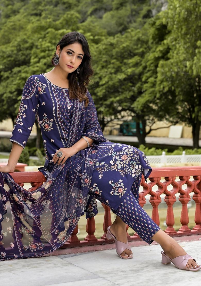 Navy Blue Printed Rayon Salwar Kameez With Dupatta