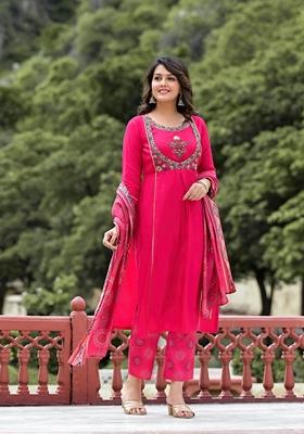 Fuchsia Pink Embroidered Viscose Salwar Kameez With Dupatta