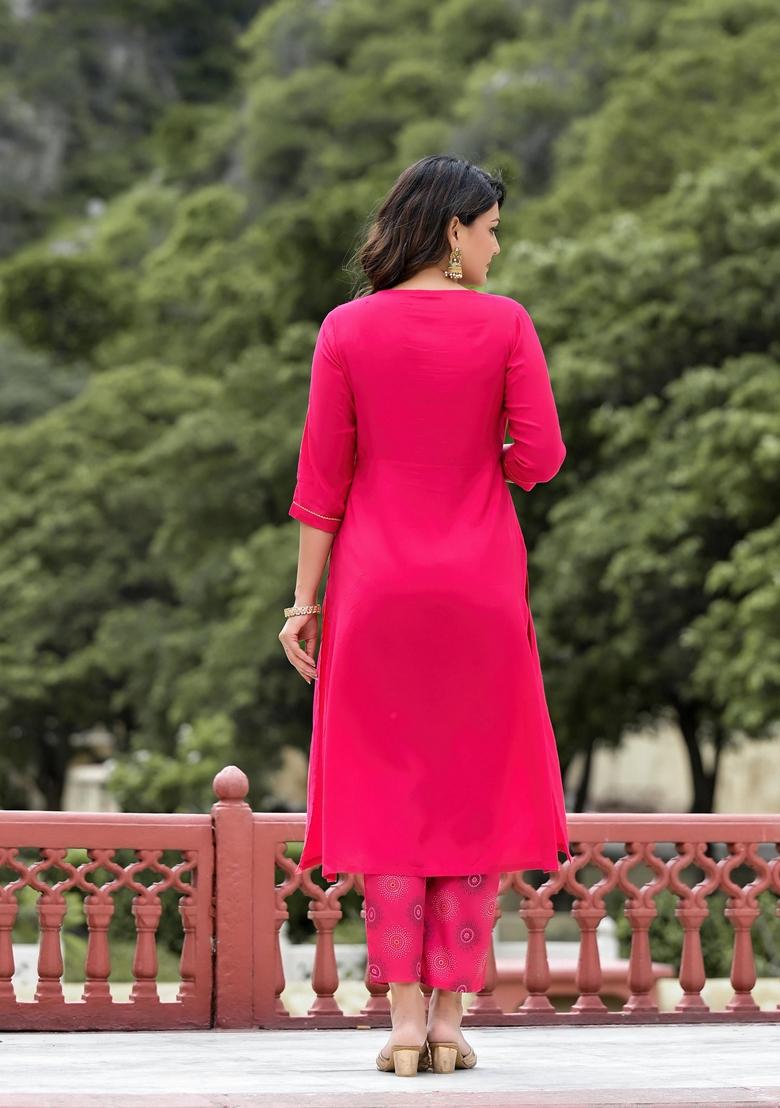 Fuchsia Pink Embroidered Viscose Salwar Kameez With Dupatta