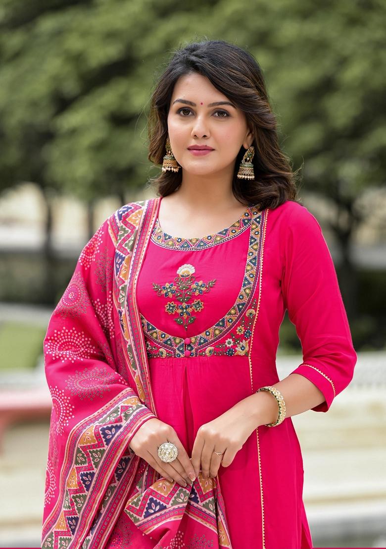 Fuchsia Pink Embroidered Viscose Salwar Kameez With Dupatta