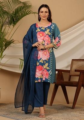Blue Printed Rayon Salwar Kameez With Dupatta