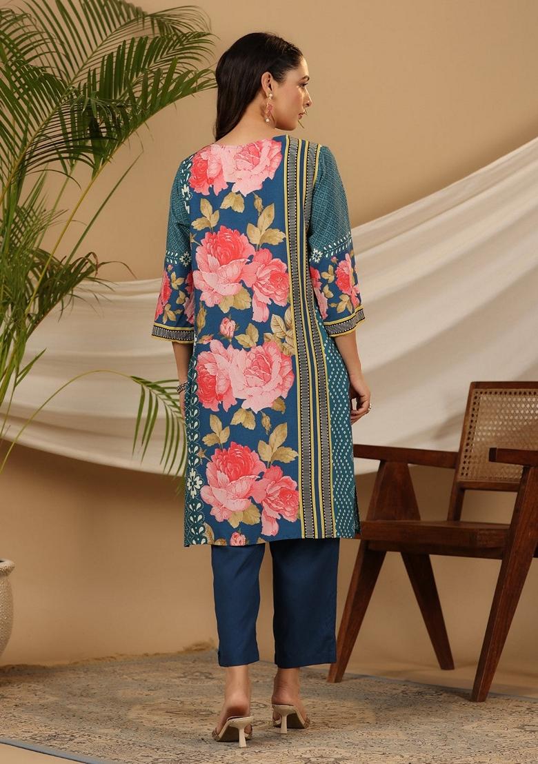 Blue Printed Rayon Salwar Kameez With Dupatta