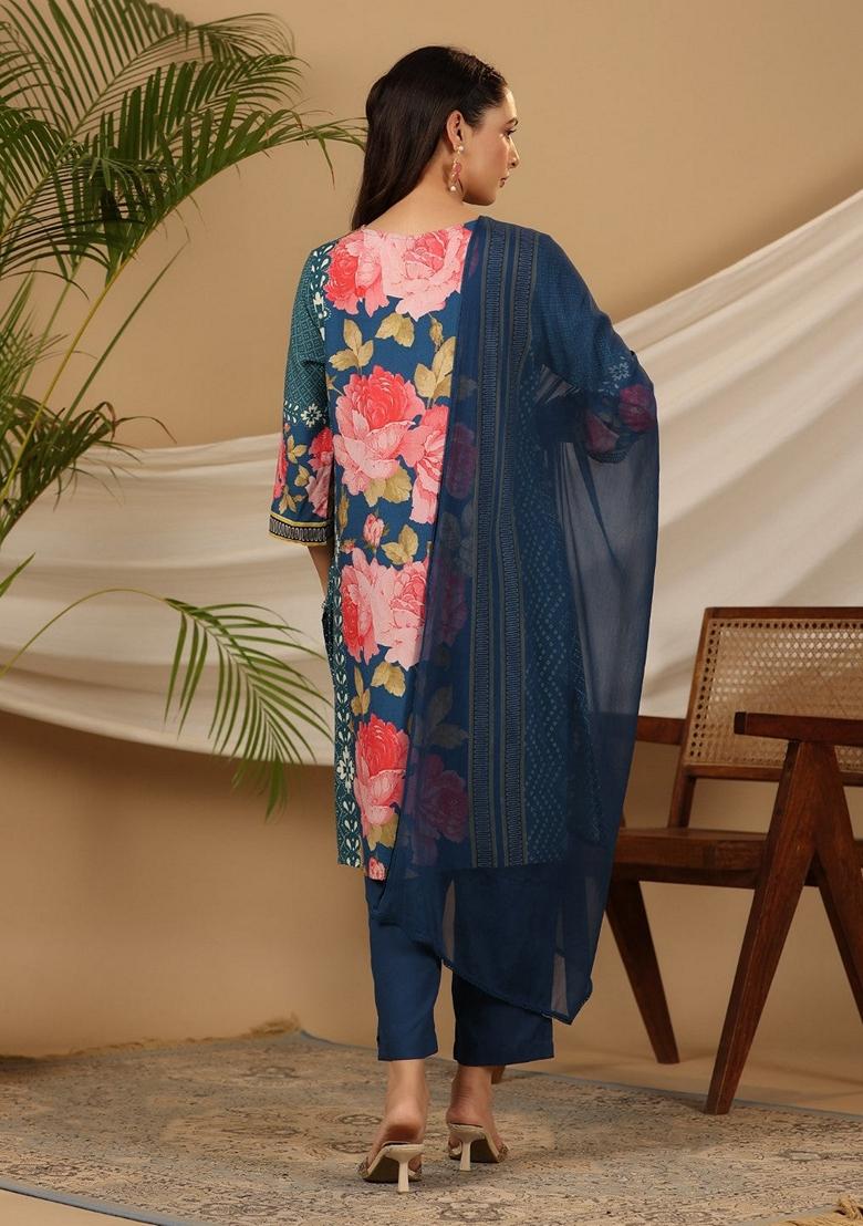 Blue Printed Rayon Salwar Kameez With Dupatta