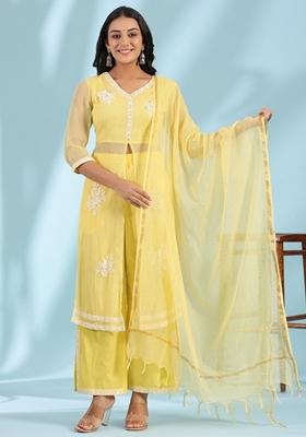 Yellow Embroidered Cambric Salwar Kameez With Dupatta