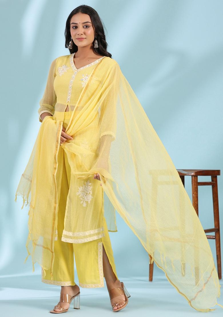 Yellow Embroidered Cambric Salwar Kameez With Dupatta