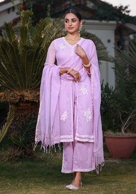 Lilac Embroidered Cambric Salwar Kameez With Dupatta