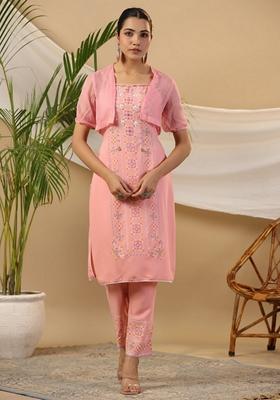 Peach Printed Rayon Salwar Kameez With Dupatta