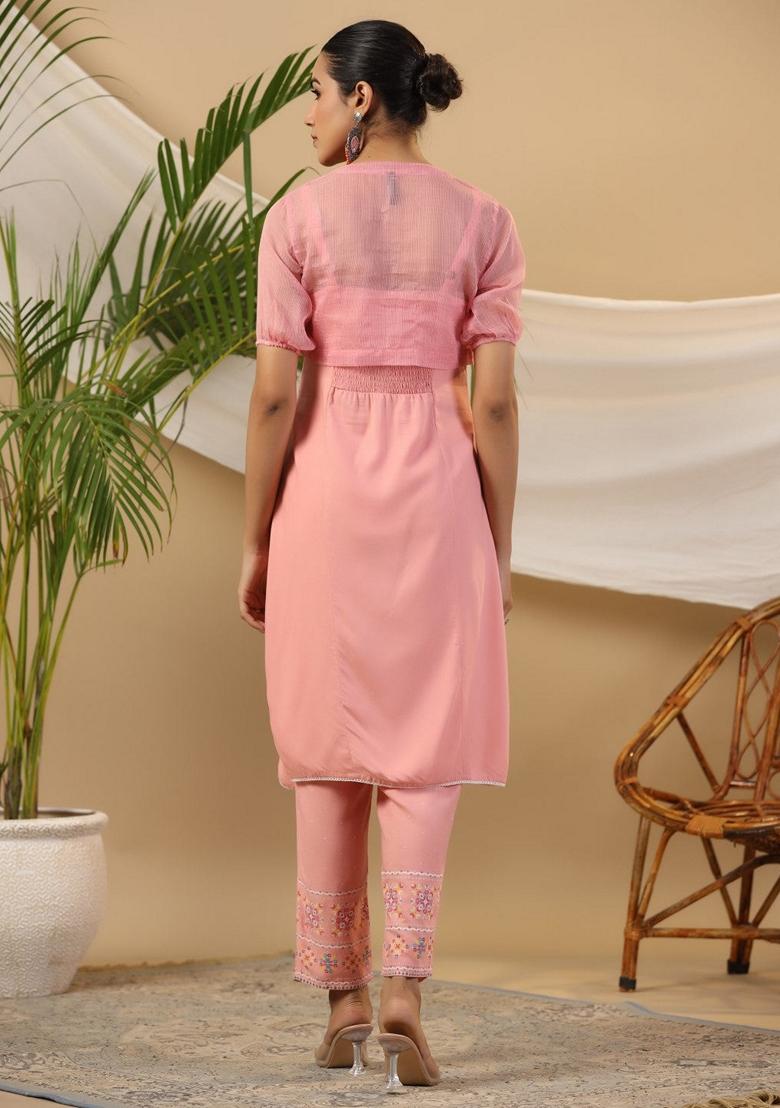 Peach Printed Rayon Salwar Kameez With Dupatta