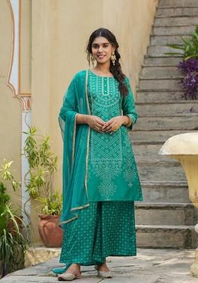 Teal Blue Printed Santoon Salwar Kameez With Dupatta