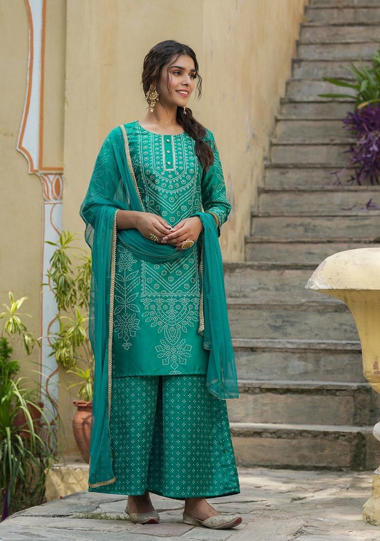 Teal Blue Printed Santoon Salwar Kameez With Dupatta