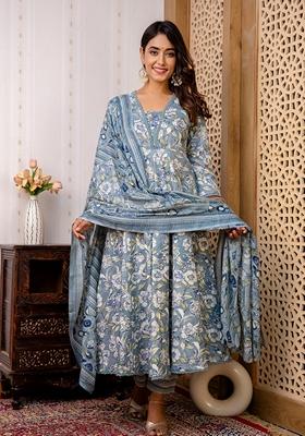 Grey Printed Cotton Mix Salwar Kameez With Dupatta