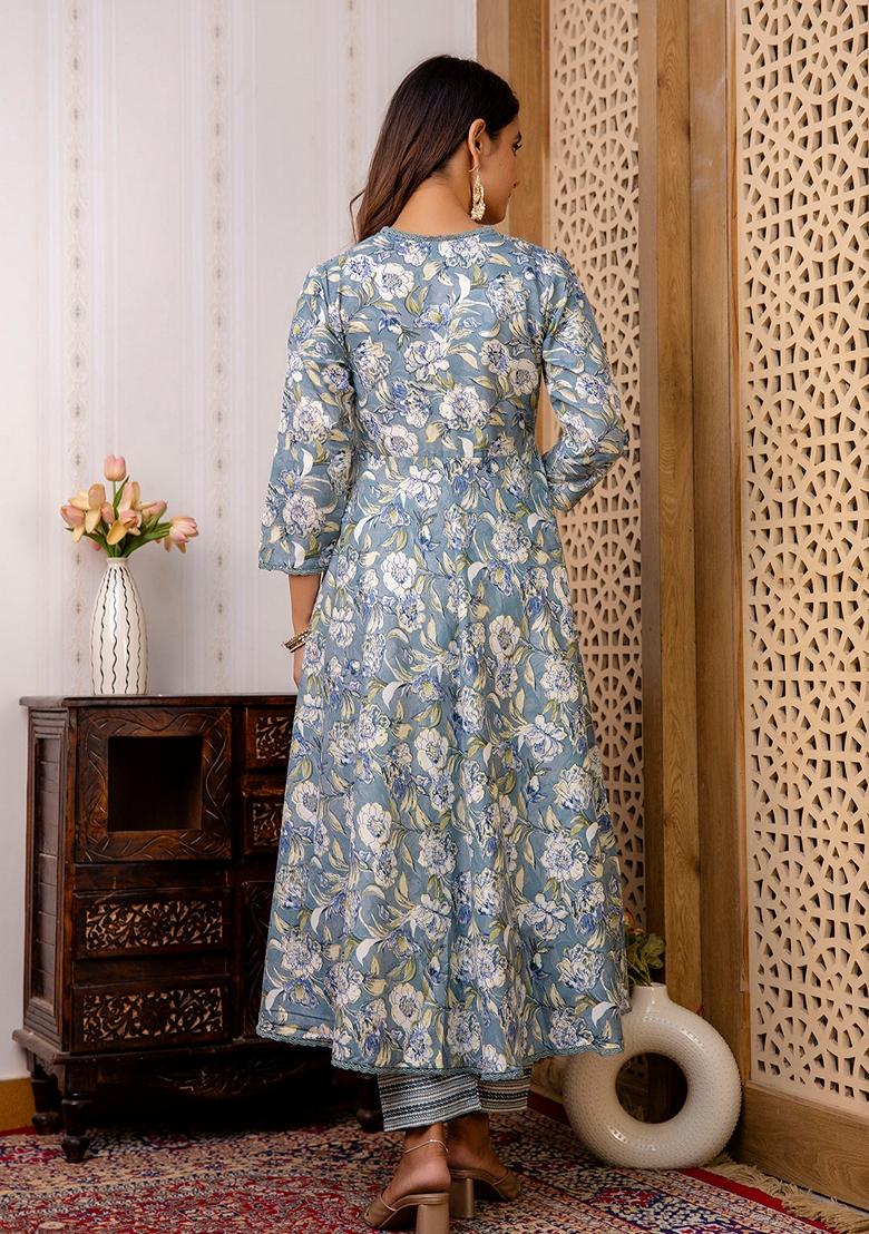 Grey Printed Cotton Mix Salwar Kameez With Dupatta