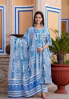 Off White Printed Pure Cotton Anarkali Set With Dupatta