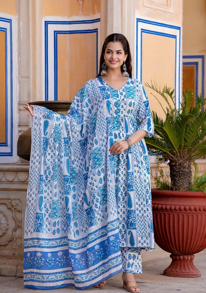 Off White Printed Pure Cotton Anarkali Set With Dupatta