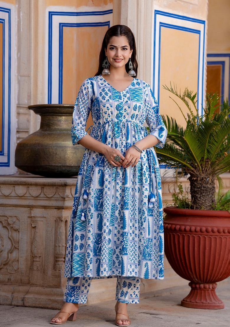 Off White Printed Pure Cotton Anarkali Set With Dupatta
