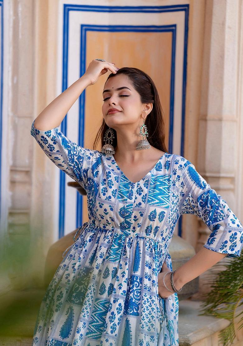 Off White Printed Pure Cotton Anarkali Set With Dupatta