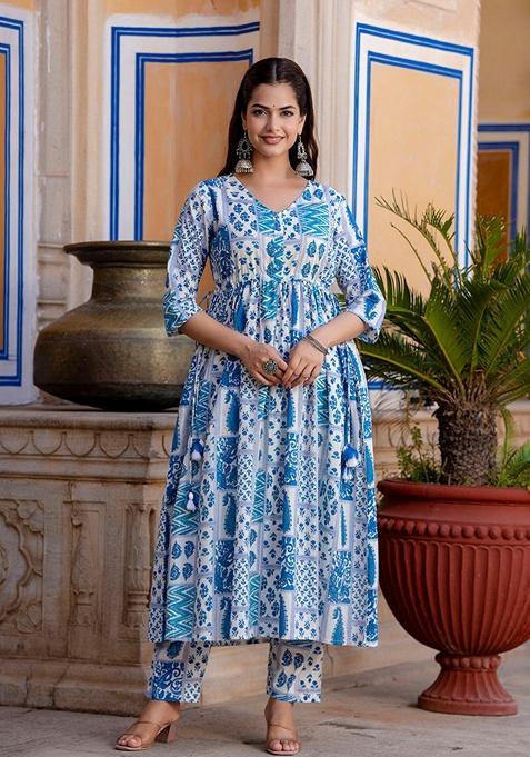 Off White Printed Pure Cotton Anarkali Set With Dupatta