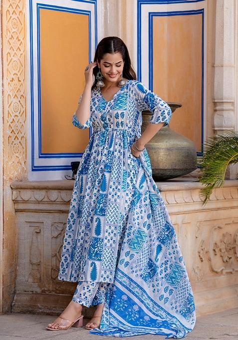 Off White Printed Pure Cotton Anarkali Set With Dupatta