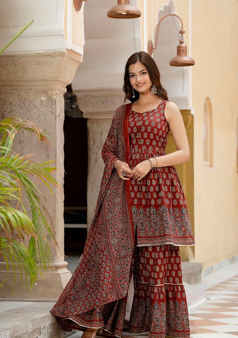 Maroon Printed Pure Cotton Sharara Set With Dupatta